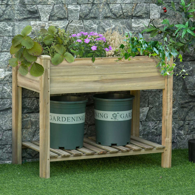 Pat înălțat cu raft, pat de plante înălțat cu orificii de scurgere, cutie de plante din lemn, pat de legume rezistent la intemperii, pat de grădină, pat de plante pentru grădină, balcon, terasă, 91 x 51 x 76 cm, verde