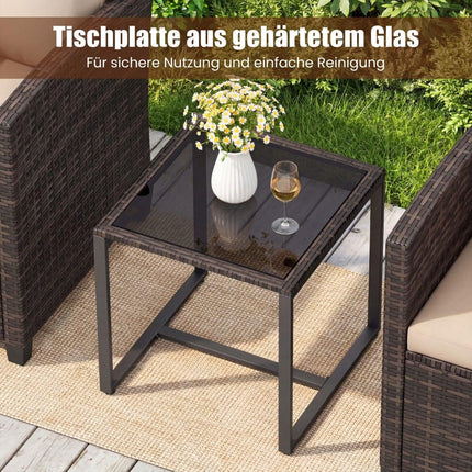Set de balcon din ratan cu 2 scaune și masă de sticlă, maro-kaki