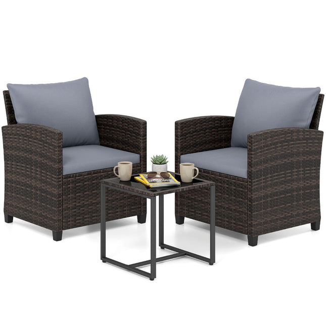 Set de balcon din ratan cu perne și masă de sticlă, mobilier de exterior din 3 piese