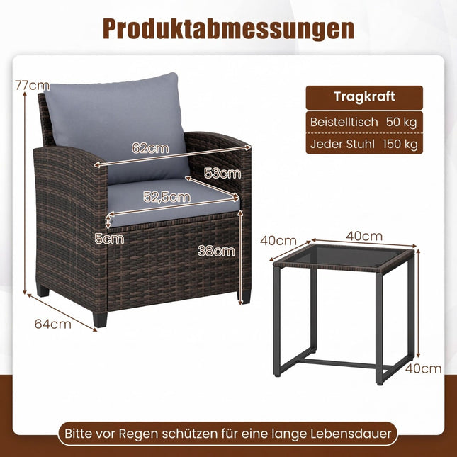 Set de balcon din ratan cu perne și masă de sticlă, mobilier de exterior din 3 piese