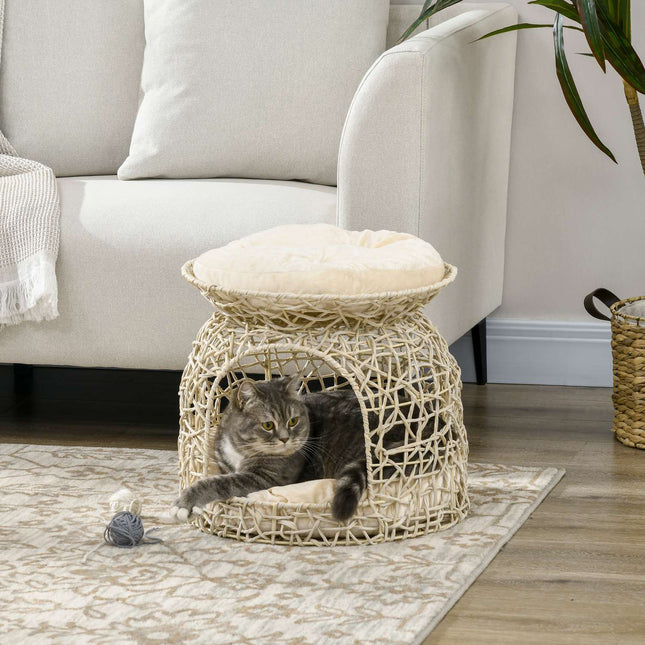 Rattan cave house with pillows, two-story house, beige