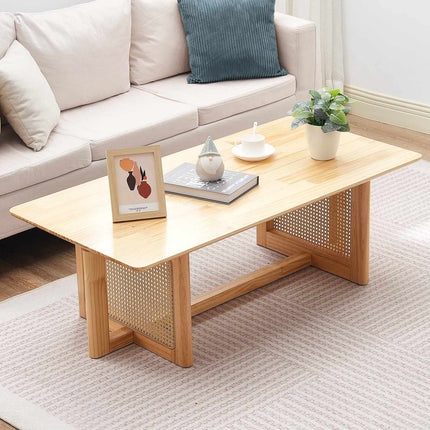 Rattan Coffee Table, Rubberwood Top, 47.2 x 23.6 in, 250 lb