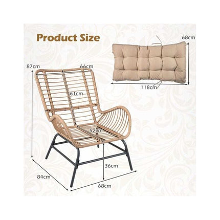 Rattan Garden Armchair with Thick Long Cushion, Khaki, Zippered Cover