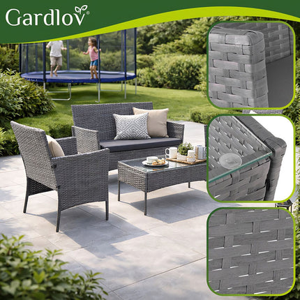 Set de mobilier de grădină din ratan, gri închis, canapea, 2 scaune, masă
