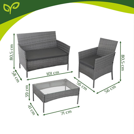 Set de mobilier de grădină din ratan, gri închis, canapea, 2 scaune, masă