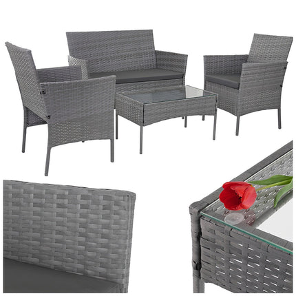 Set de mobilier de grădină din ratan, gri închis, canapea, 2 scaune, masă