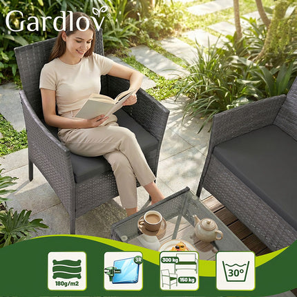 Set de mobilier de grădină din ratan, gri închis, canapea, 2 scaune, masă