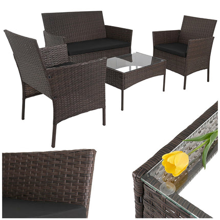 Set de mobilier de grădină din ratan cu perne și masă de sticlă