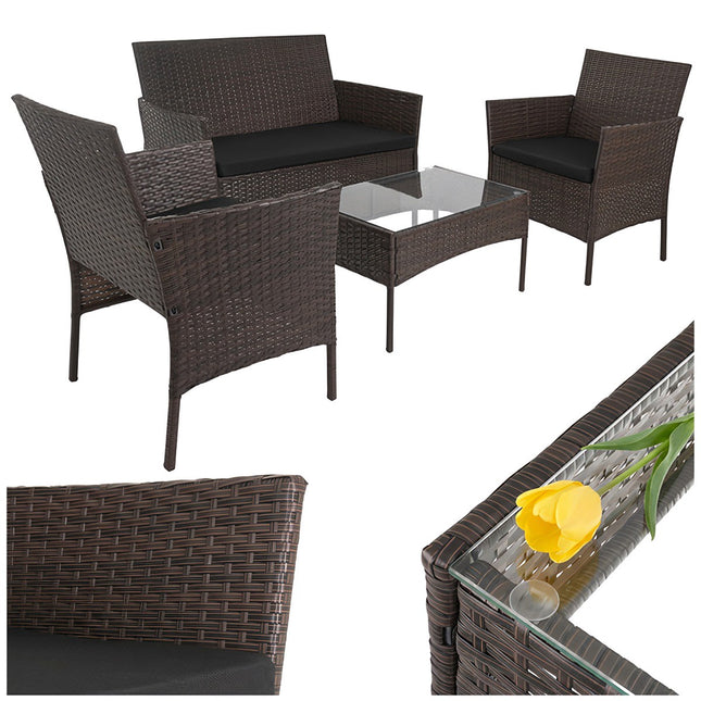 Set de mobilier de grădină din ratan cu perne și masă de sticlă