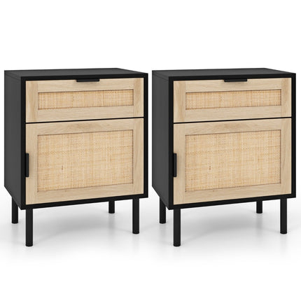 Set de 2 noptiere din ratan cu sertar și dulap, negru