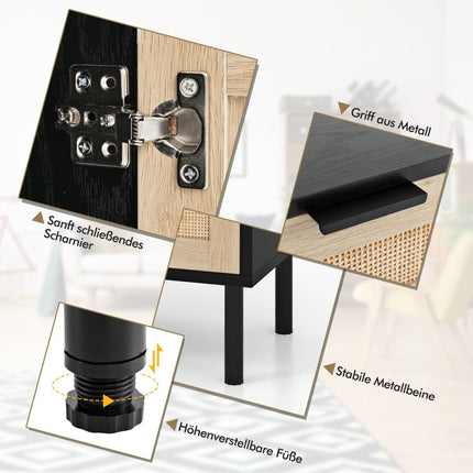 Set de 2 noptiere din ratan cu sertar și dulap, negru