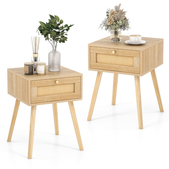 Set noptieră din ratan cu sertar, stil boho, 2 piese