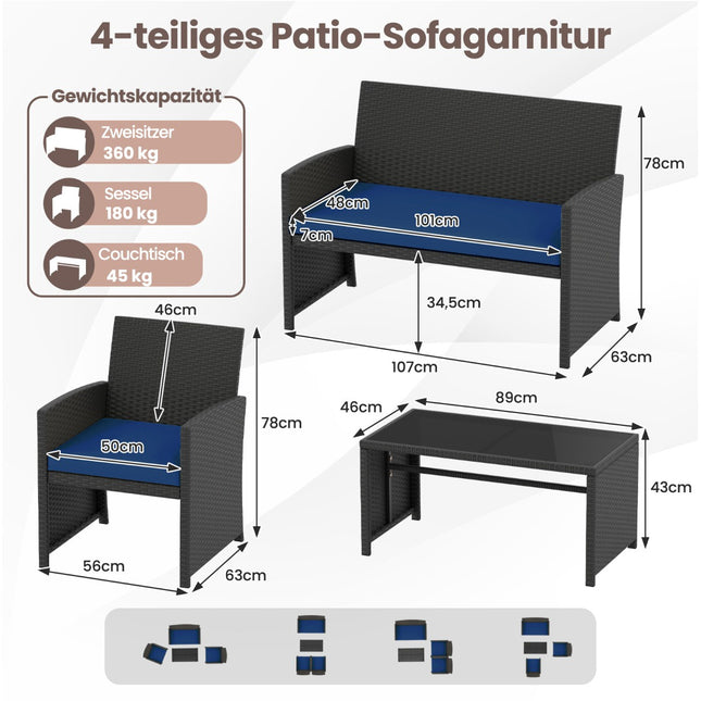 Set de mobilier de exterior din ratan cu perne – Albastru