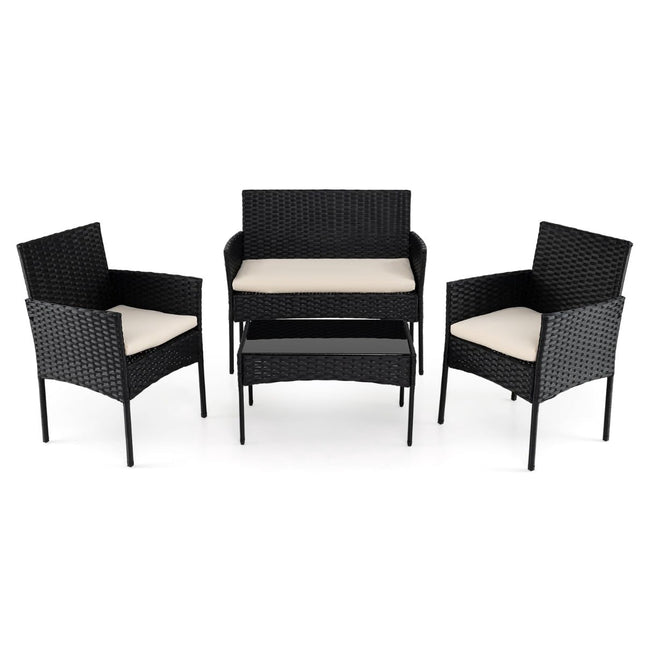 Set de mobilier de terasă din ratan, 4 piese, perne, masă de sticlă