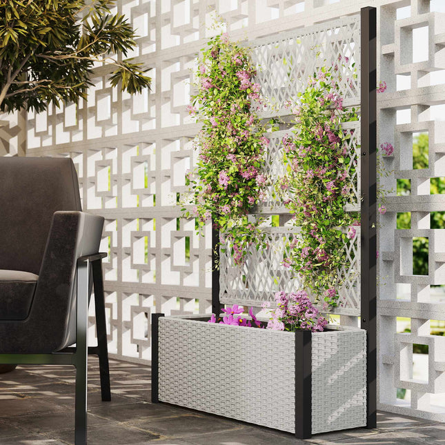 Jardinieră din ratan, cu spalier, 90x35x148cm, gri