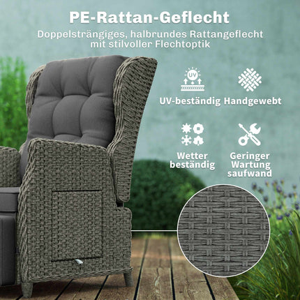 Rattan Recliner Chair with Footrest and Folding Side Table, Dark Grey