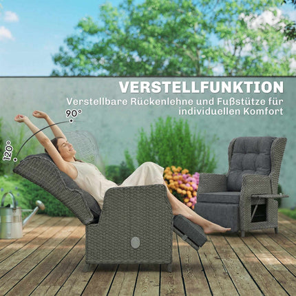 Rattan Recliner Chair with Footrest and Folding Side Table, Dark Grey