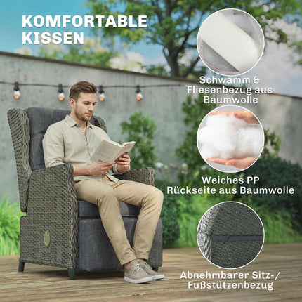 Rattan Recliner Chair with Footrest and Folding Side Table, Dark Grey