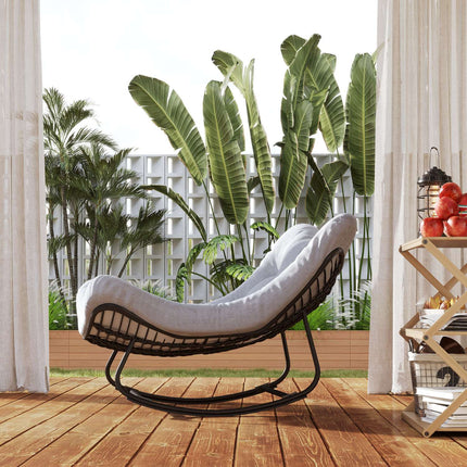 Rattan Rocking Garden Bench with steel frame and cushion