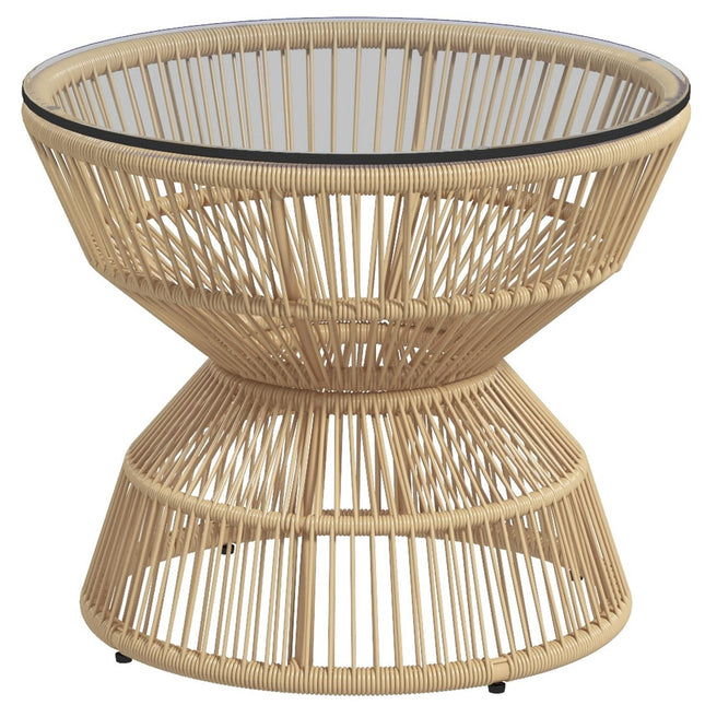 Masuta Rattan, Ø60 Cm, Masuta De Cafea, Masa De Gradina Cu Blat Masa din Sticla Selita, Masa De Balcon Design Boho, Masuta De Cafea, Lemn Natural