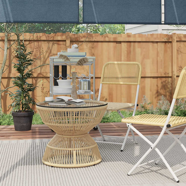 Masuta Rattan, Ø60 Cm, Masuta De Cafea, Masa De Gradina Cu Blat Masa din Sticla Selita, Masa De Balcon Design Boho, Masuta De Cafea, Lemn Natural