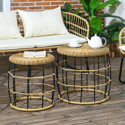 Set de 2 măsuțe din ratan măsuță de cafea stivuabilă kaki cu balcon de grădină