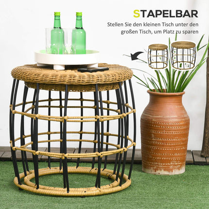 Set de 2 măsuțe din ratan măsuță de cafea stivuabilă kaki cu balcon de grădină