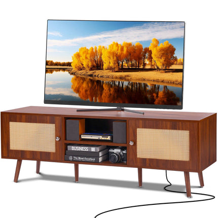 Rattan TV Stand for 65-Inch TV, Outlet USB, Walnut