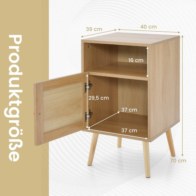 Rattan bedside table with storage space, open shelf and door, farmhouse style side table, natural