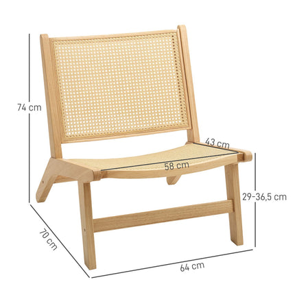 Rattan chair, reading chair, wooden frame, wide seat, 64 x 70 x 74 cm, natural wood