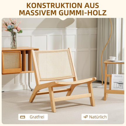 Rattan chair, reading chair, wooden frame, wide seat, 64 x 70 x 74 cm, natural wood