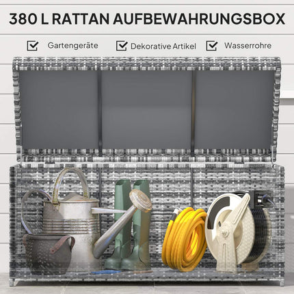 Cutie de perne din ratan 380L Cutie de perne rezistenta la intemperii cu capac spatiu de depozitare rezistenta la UV 130 x 61 x 65 cm gri inchis