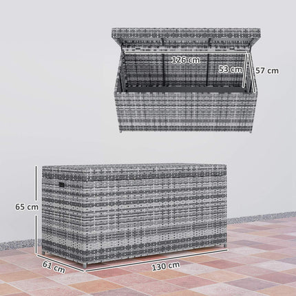 Cutie de perne din ratan 380L Cutie de perne rezistenta la intemperii cu capac spatiu de depozitare rezistenta la UV 130 x 61 x 65 cm gri inchis