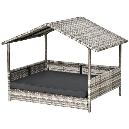 Casă pentru câini din ratan cu pernă, pat pentru câini în formă de casă, căsuță pentru câini în aer liber, cadru de oțel, plastic, gri, 69 x 98 x 70 cm
