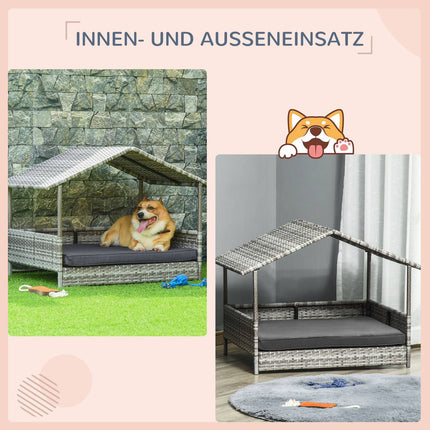 Casă pentru câini din ratan cu pernă, pat pentru câini în formă de casă, căsuță pentru câini în aer liber, cadru de oțel, plastic, gri, 69 x 98 x 70 cm