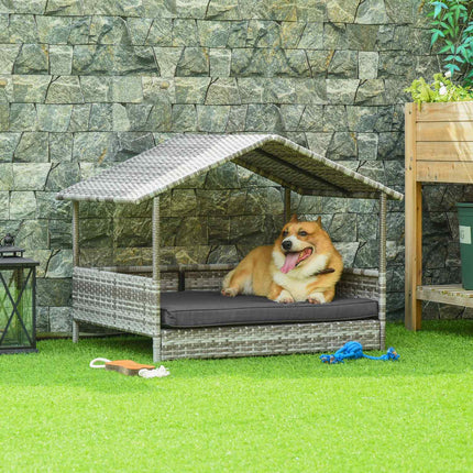 Casă pentru câini din ratan cu pernă, pat pentru câini în formă de casă, căsuță pentru câini în aer liber, cadru de oțel, plastic, gri, 69 x 98 x 70 cm