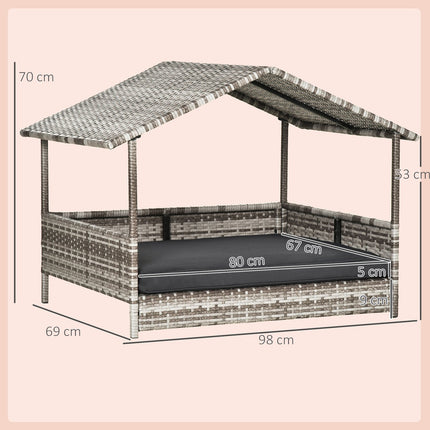 Casă pentru câini din ratan cu pernă, pat pentru câini în formă de casă, căsuță pentru câini în aer liber, cadru de oțel, plastic, gri, 69 x 98 x 70 cm