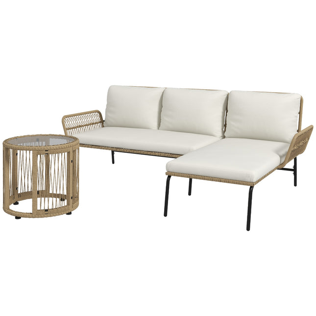 Set de mobilier de grădină din ratan cu șezlong, măsuță de cafea, două locuri și pernă de scaun crem pentru terasă și balcon