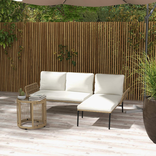 Set de mobilier de grădină din ratan cu șezlong, măsuță de cafea, două locuri și pernă de scaun crem pentru terasă și balcon