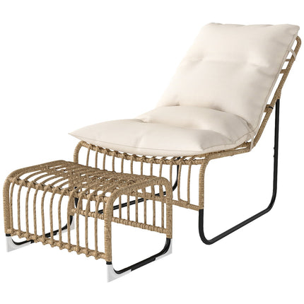 Scaun de relaxare din ratan cu taburet Scaun de gradina rezistent la UV cu curele de perna scaun de exterior din ratan scaun de gradina pentru gradina, balcon, terasa lemn natural