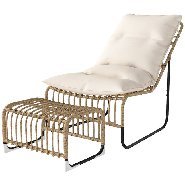 Scaun de relaxare din ratan cu taburet Scaun de gradina rezistent la UV cu curele de perna scaun de exterior din ratan scaun de gradina pentru gradina, balcon, terasa lemn natural