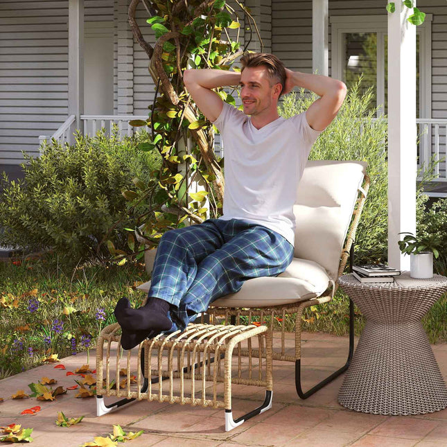 Scaun de relaxare din ratan cu taburet Scaun de gradina rezistent la UV cu curele de perna scaun de exterior din ratan scaun de gradina pentru gradina, balcon, terasa lemn natural