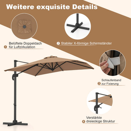 Umbrelă dreptunghiulară tip consolă 250x250 cm cu manivelă, maro