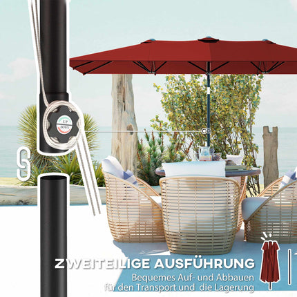 Umbrelă de terasă dublă dreptunghiulară, reglabilă, roșu vin