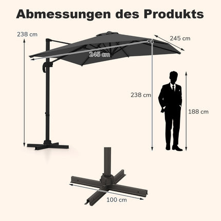Umbrelă de terasă dreptunghiulară, 250x250 cm, reglabilă, gri