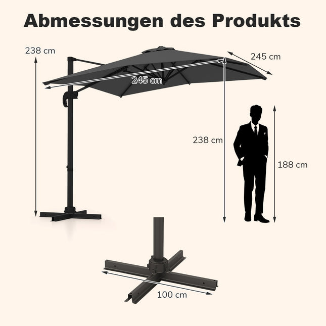 Umbrelă de terasă dreptunghiulară, 250x250 cm, reglabilă, gri