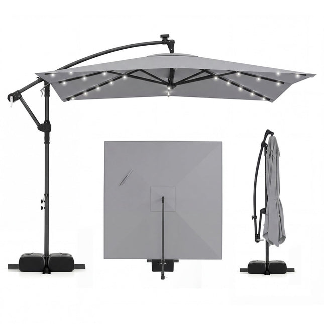 Umbrelă de terasă dreptunghiulară cu suport, lumini LED, rotație 360°