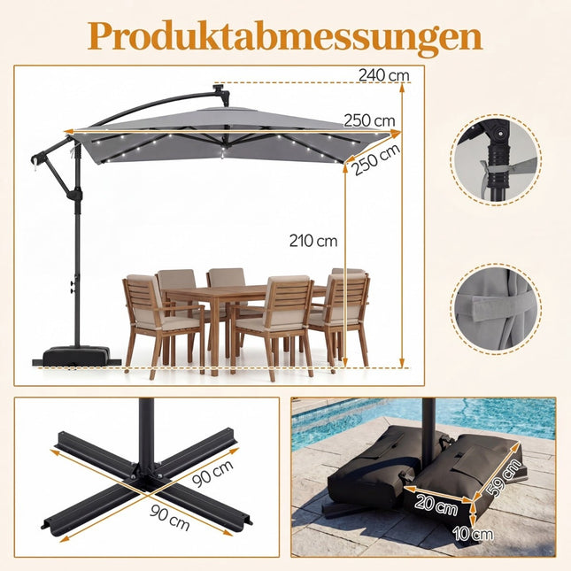 Umbrelă de terasă dreptunghiulară cu suport, lumini LED, rotație 360°