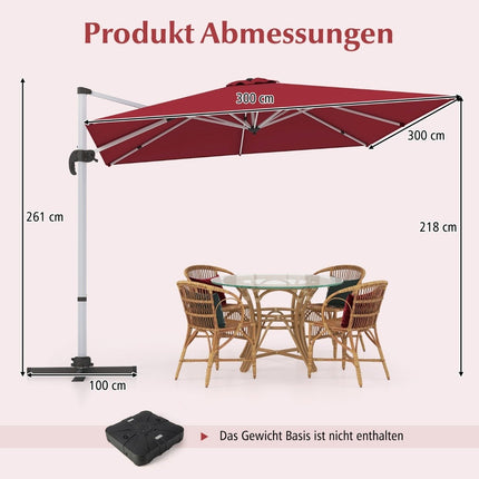 Umbrela de soare dreptunghiulara 300 x 300 cm umbrela de soare cantilever mare cu manivela rosu vin
