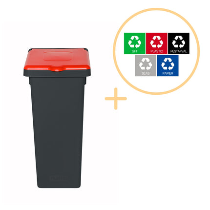 Coș de reciclare cu capac, 75L – Roșu, Plastic